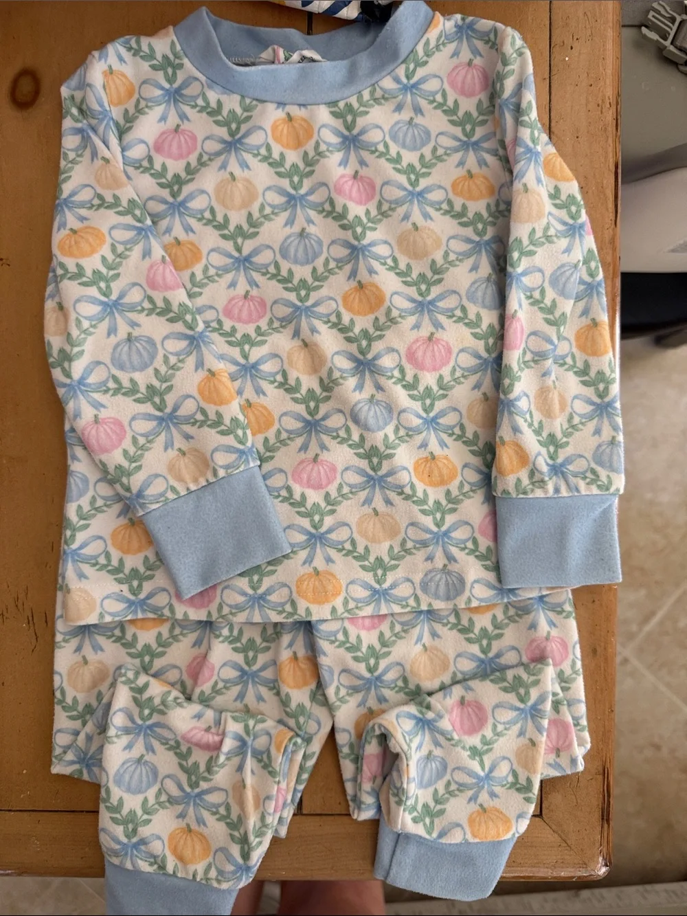 Girls 12M Long Sleeve pumpkin Pajama Set in Pastel Floral Print - Blue Trim
